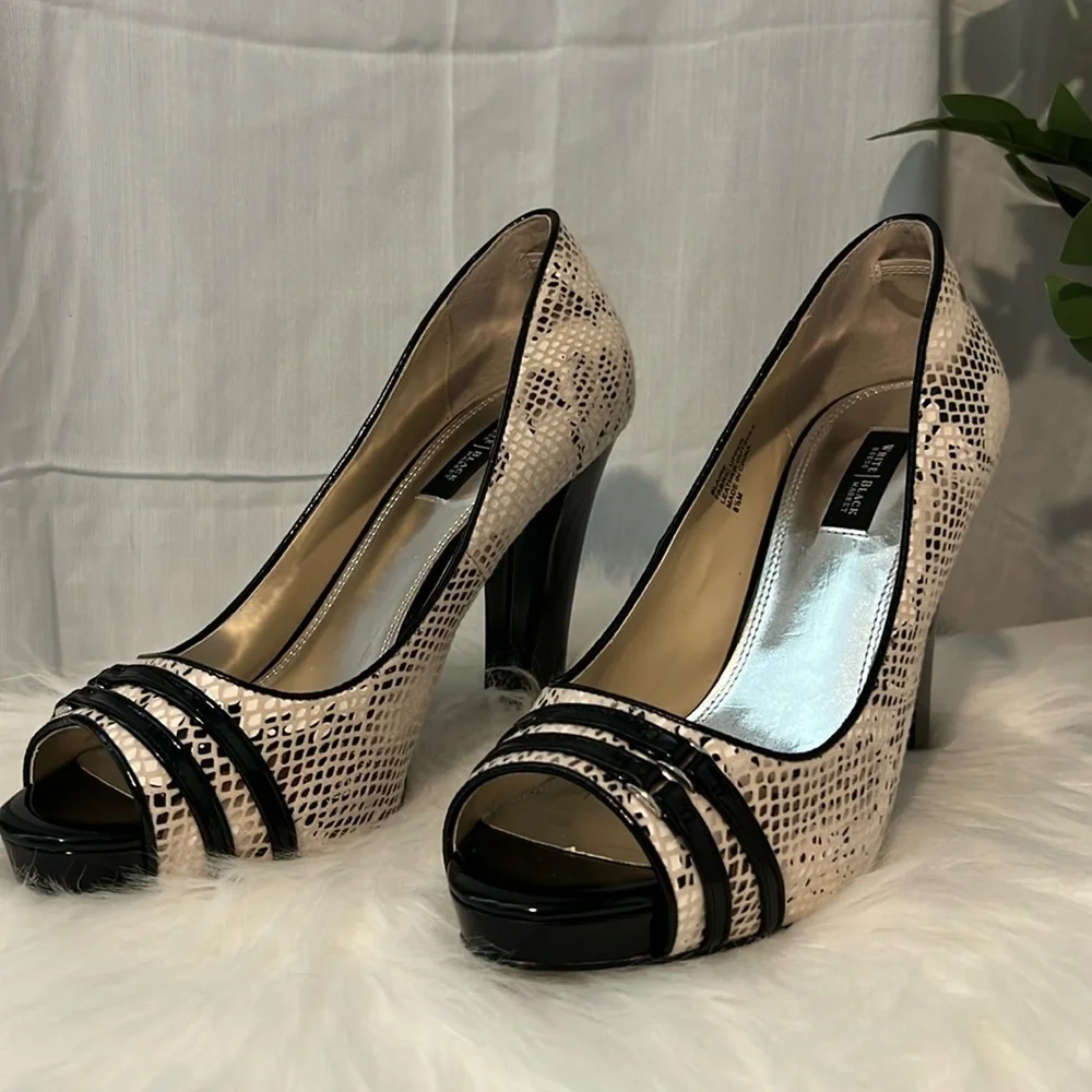 White House Black Market Cream Snake-Print Peep-Toe Heels with Black Trim